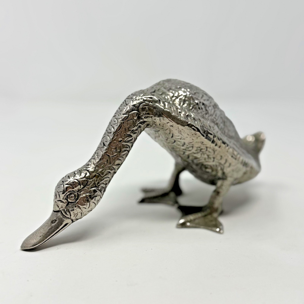 Almazan Style Spain Silver Plated Feeding Goose Figurine 8" Vintage
